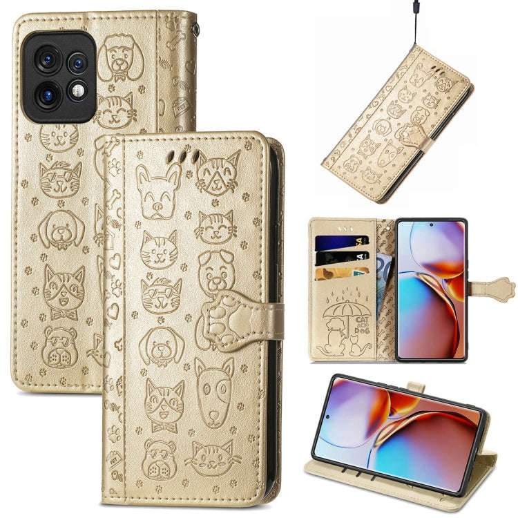 For Motorola Moto X40 Cute Cat and Dog Embossed Flip Leather Phone Case(Gold)