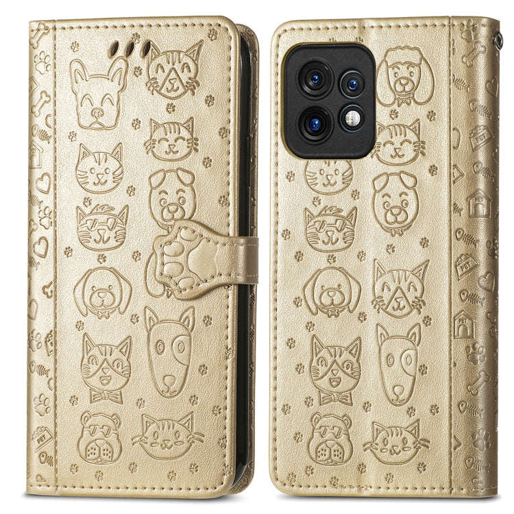 For Motorola Moto X40 Cute Cat and Dog Embossed Flip Leather Phone Case(Gold)