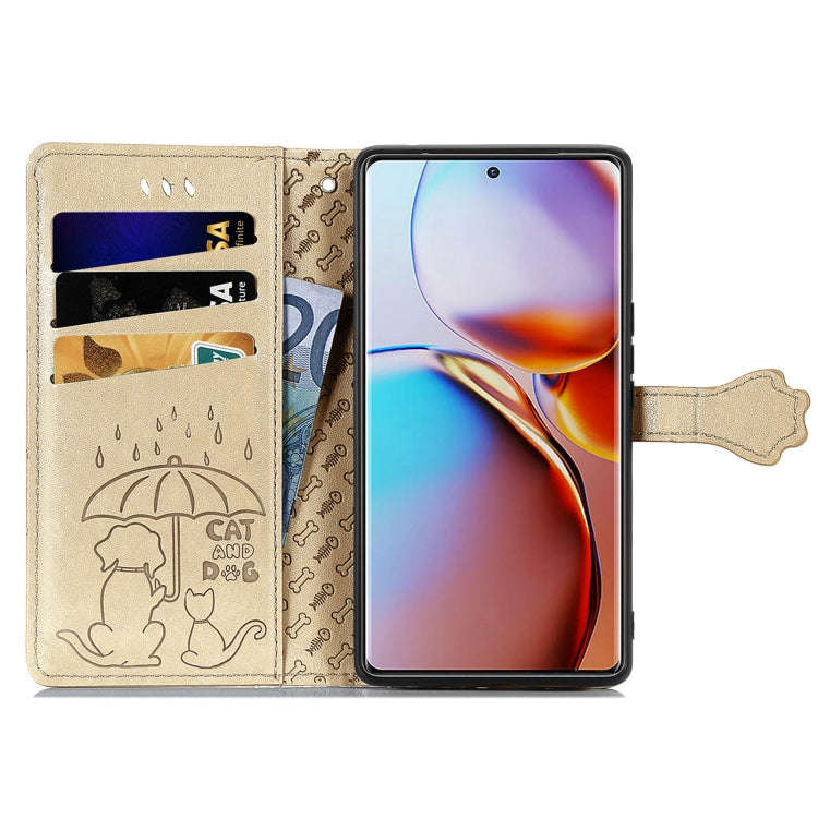 For Motorola Moto X40 Cute Cat and Dog Embossed Flip Leather Phone Case(Gold)