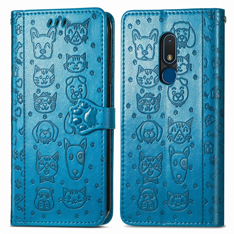 For Nokia C3 Cute Cat and Dog Embossed Flip Leather Phone Case(Blue)