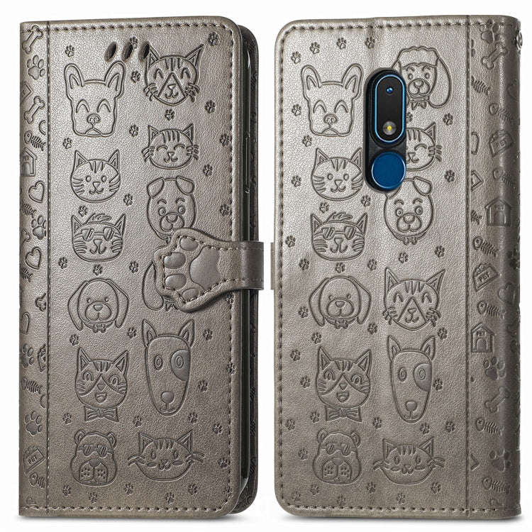 For Nokia C3 Cute Cat and Dog Embossed Flip Leather Phone Case(Gray)