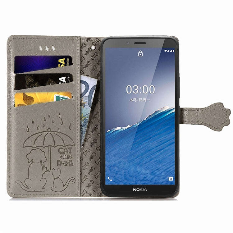 For Nokia C3 Cute Cat and Dog Embossed Flip Leather Phone Case(Gray)