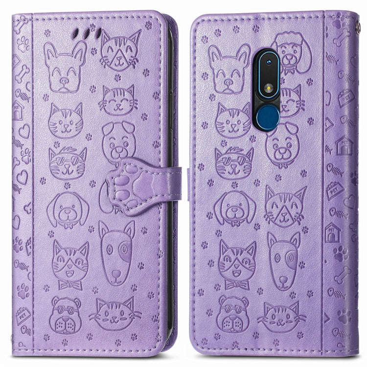 For Nokia C3 Cute Cat and Dog Embossed Flip Leather Phone Case(Purple)