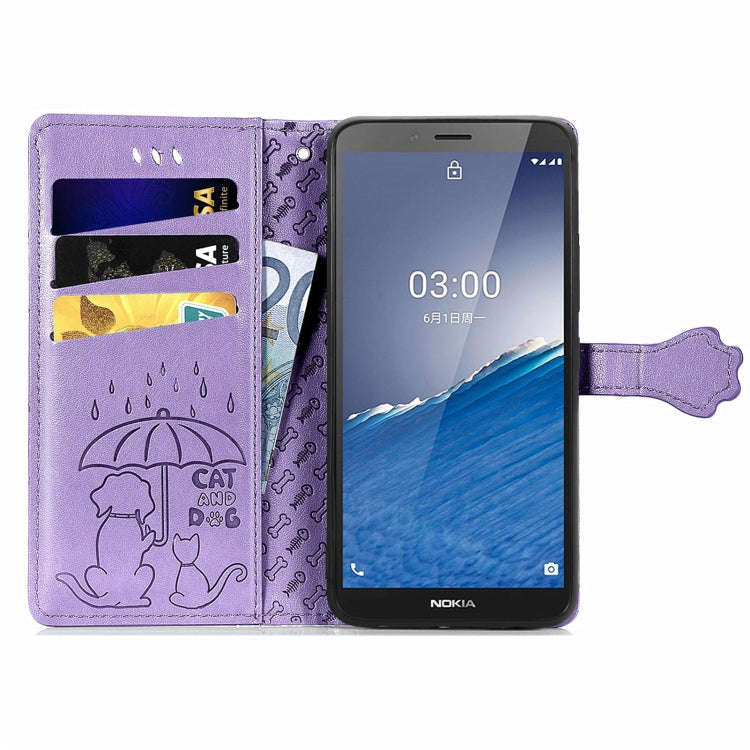 For Nokia C3 Cute Cat and Dog Embossed Flip Leather Phone Case(Purple)
