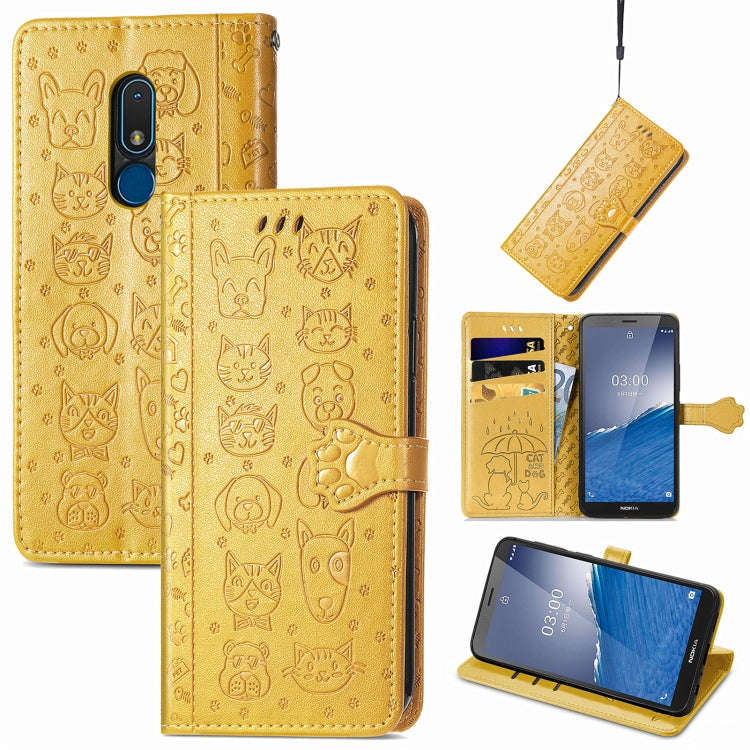 For Nokia C3 Cute Cat and Dog Embossed Flip Leather Phone Case(Yellow)