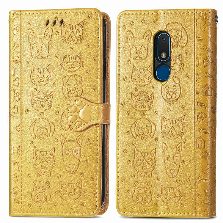For Nokia C3 Cute Cat and Dog Embossed Flip Leather Phone Case(Yellow)