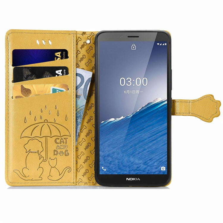For Nokia C3 Cute Cat and Dog Embossed Flip Leather Phone Case(Yellow)
