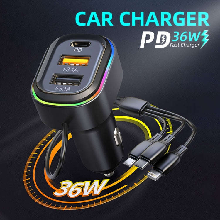 K5 With 3-in-1 Charging Cable Dual USB + 1 Type-C PD Phone Fast Charging Adapter Car Charger