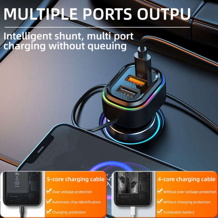 K5 With 3-in-1 Charging Cable Dual USB + 1 Type-C PD Phone Fast Charging Adapter Car Charger