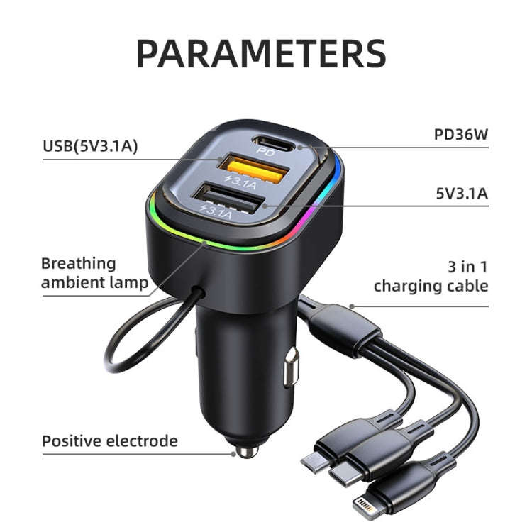 K5 With 3-in-1 Charging Cable Dual USB + 1 Type-C PD Phone Fast Charging Adapter Car Charger