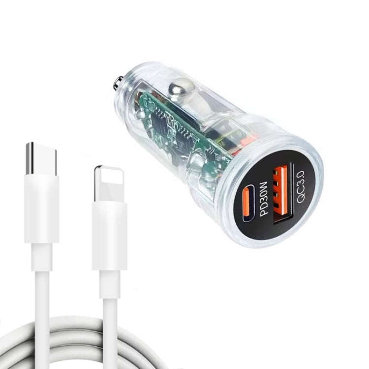 P35 48W PD30W + QC3.0 18W USB Transparent Car Charger with Type-C to 8 Pin Phone Data Cable(Trans...