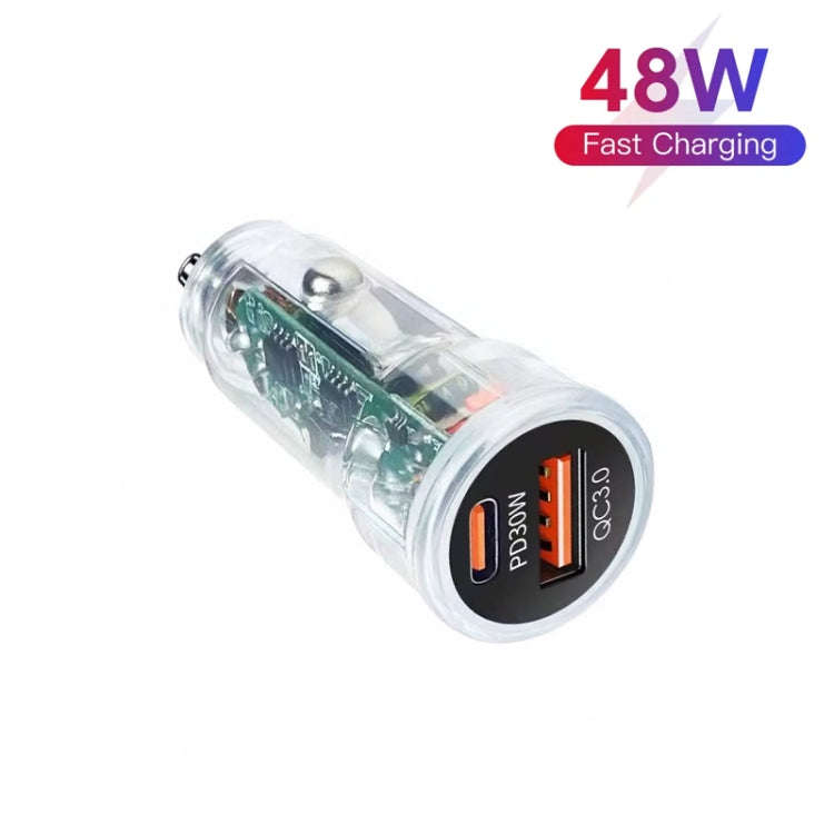 P35 48W PD30W + QC3.0 18W USB Transparent Car Charger with Type-C to 8 Pin Phone Data Cable(Trans...