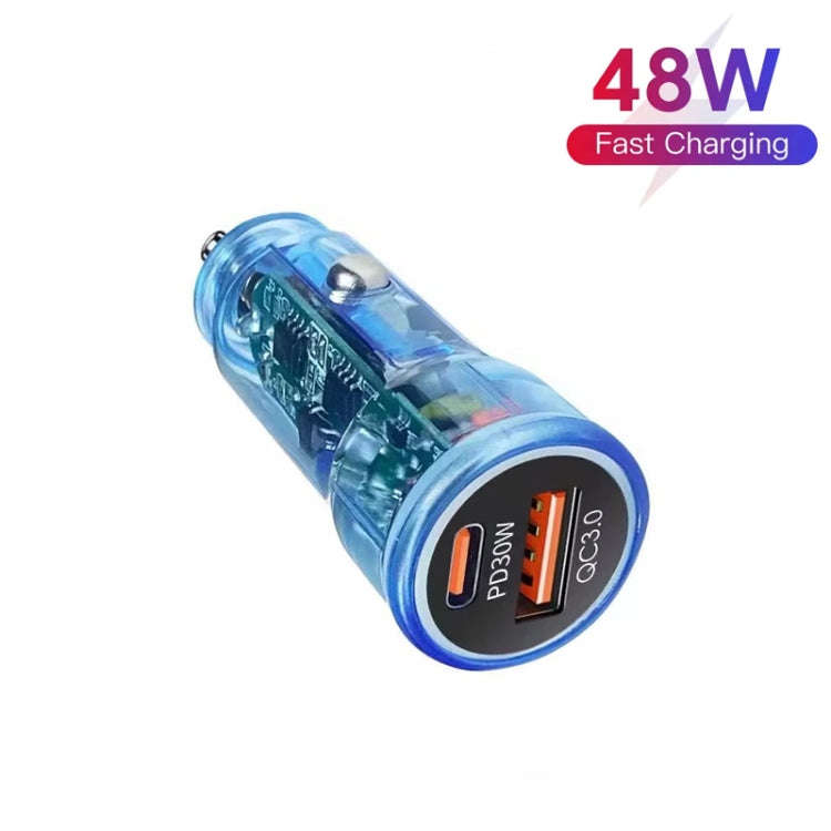 P35 48W PD30W + QC3.0 18W USB Transparent Car Charger with Type-C to 8 Pin Phone Data Cable(Trans...