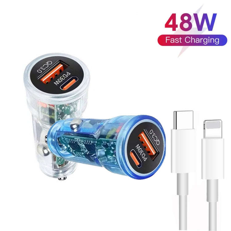 P35 48W PD30W + QC3.0 18W USB Transparent Car Charger with Type-C to 8 Pin Phone Data Cable(Trans...