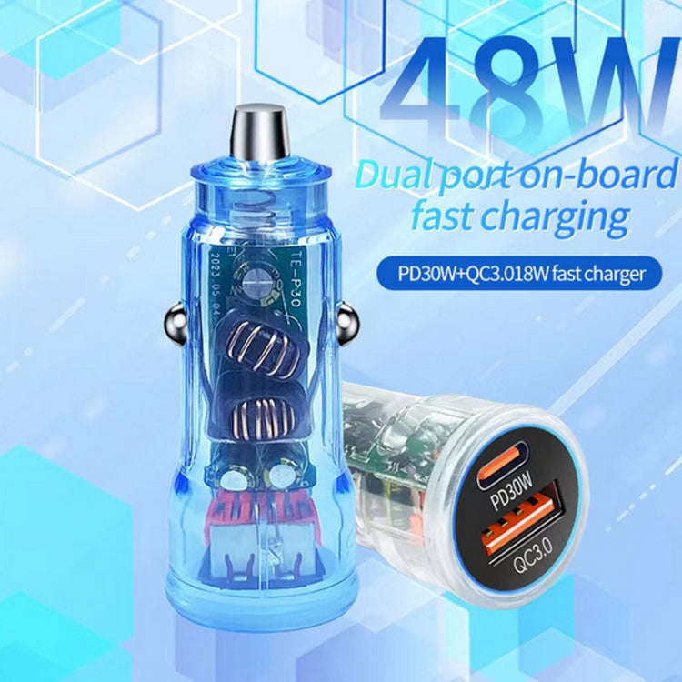 P35 48W PD30W + QC3.0 18W USB Transparent Car Charger with Type-C to 8 Pin Phone Data Cable(Trans...