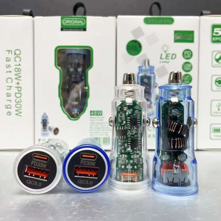 P35 48W PD30W + QC3.0 18W USB Transparent Car Charger with Type-C to 8 Pin Phone Data Cable(Trans...