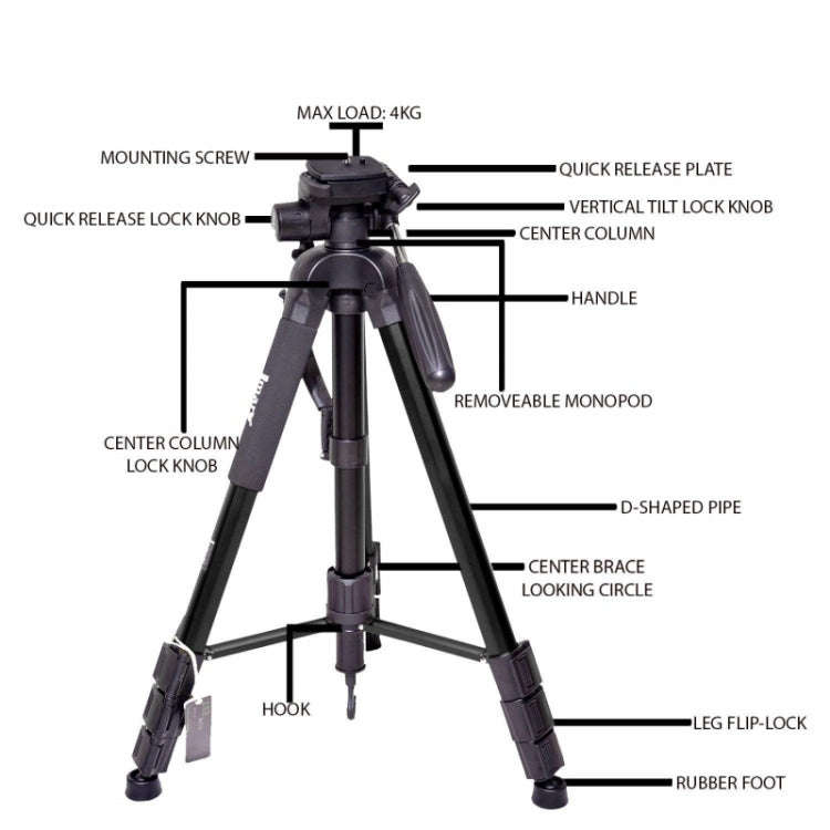 JMARY KP2264 Portable Detachable Tripod Mobile Phone SLR Camera Aluminium Alloy Stand(Black)