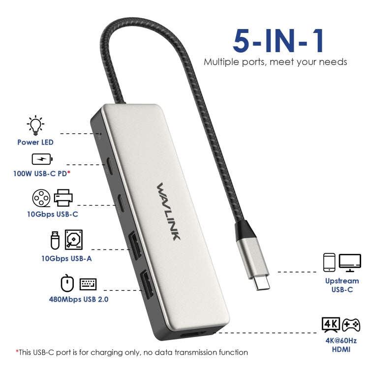 Wavlink UHP3415 85W Power Delivery USB-C/Type-C 10Gbps Hub 5 in 1 Multiport Connection Adapter