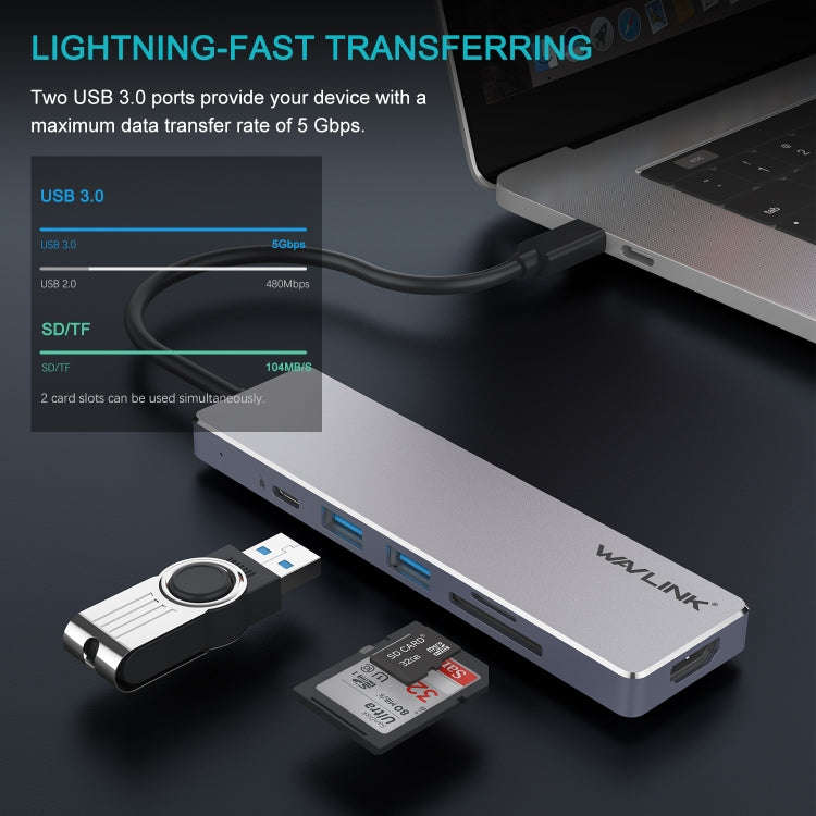 Wavlink UHP3407 Portable Aluminum Dongle 4K HDMI Display Type-C Hub Multiport Adapter