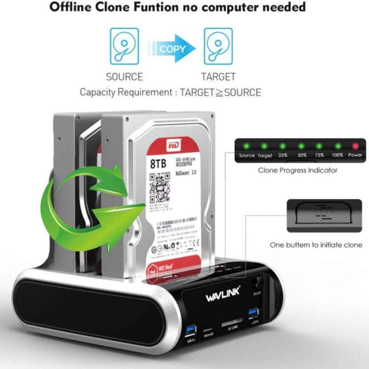 Wavlink ST336A SSD HDD Fast Offline Clone SATA  USB 3.0 External Hard Drive Case(UK Plug)