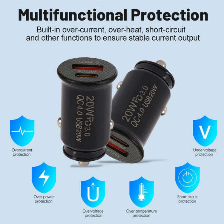 P10 Mini Style QC4.0 USB / PD20W Dual Port Car Charger(Black)