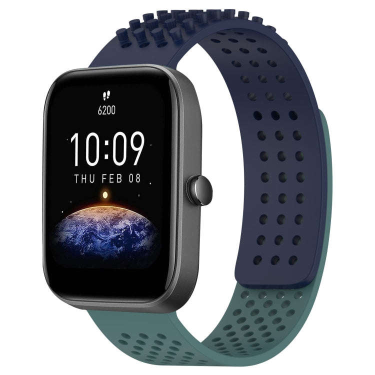 For Amazfit Bip3 20mm Holes Breathable 3D Dots Silicone Watch Band(Midnight Blue+ Olive Green)