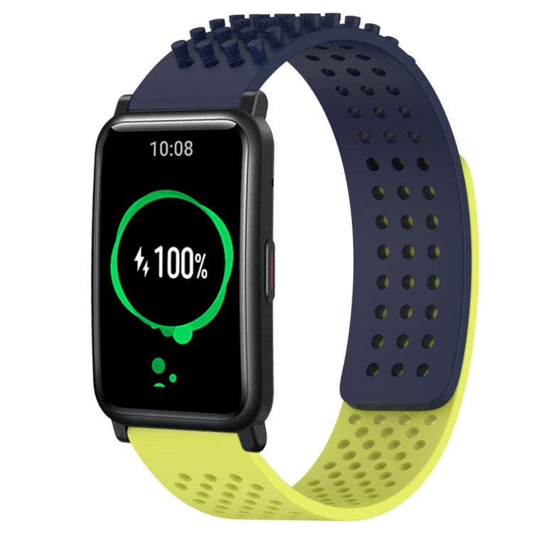 For Honor Watch ES 20mm Holes Breathable 3D Dots Silicone Watch Band(Midnight Blue+Lime Green)