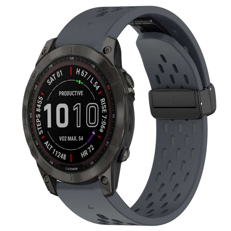 For Garmin Fenix 7 Sapphire Solar Hole Folding Buckle 22mm Silicone Watch Band(Dark Gray)