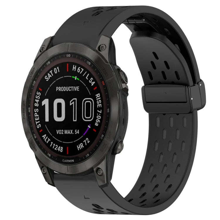 For Garmin Fenix 7 Sapphire Solar Hole Folding Buckle 22mm Silicone Watch Band(Black)