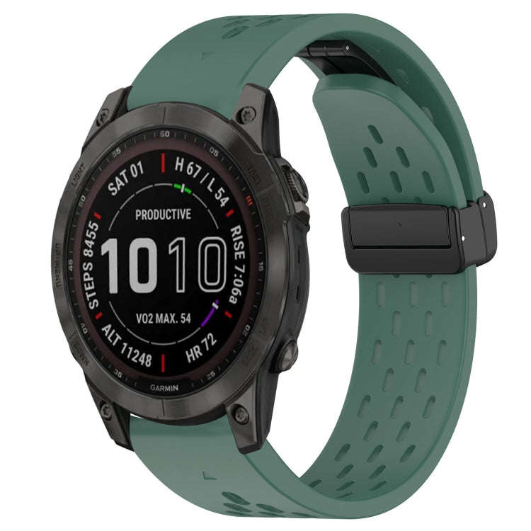 For Garmin Fenix 7 Sapphire Solar Hole Folding Buckle 22mm Silicone Watch Band(Dark Green)