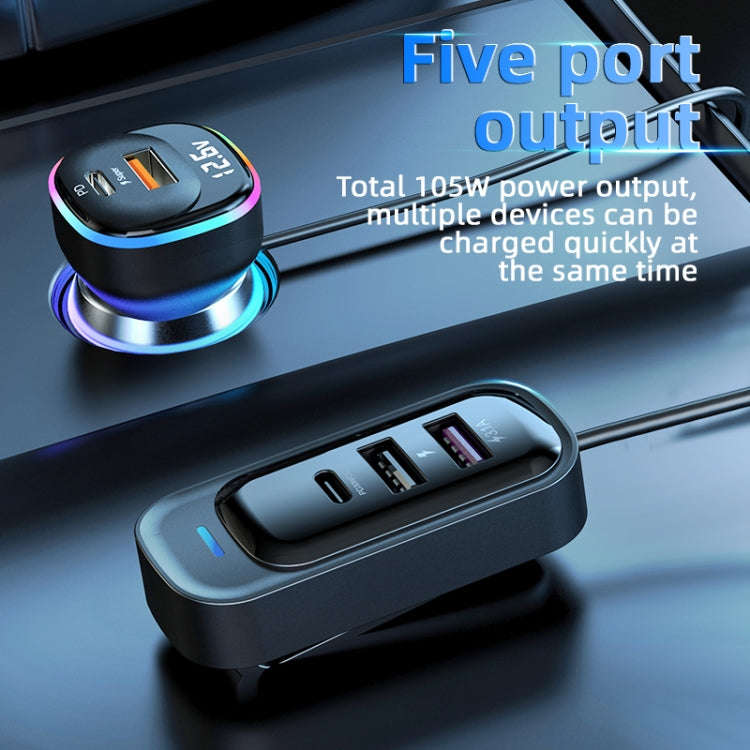 YQ5 PD 105W Cigarette Lighter Adapter 5 Multi Ports Car Charger for Rear Seat 105W Fast Car Charger