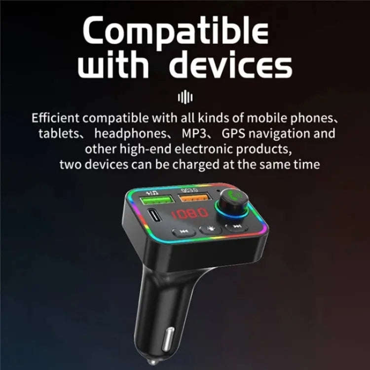PDF4 PD 25W Fast Car Charger with Hands-Free Calls FM Transmitter 7-Color Led Lights MP3 Player