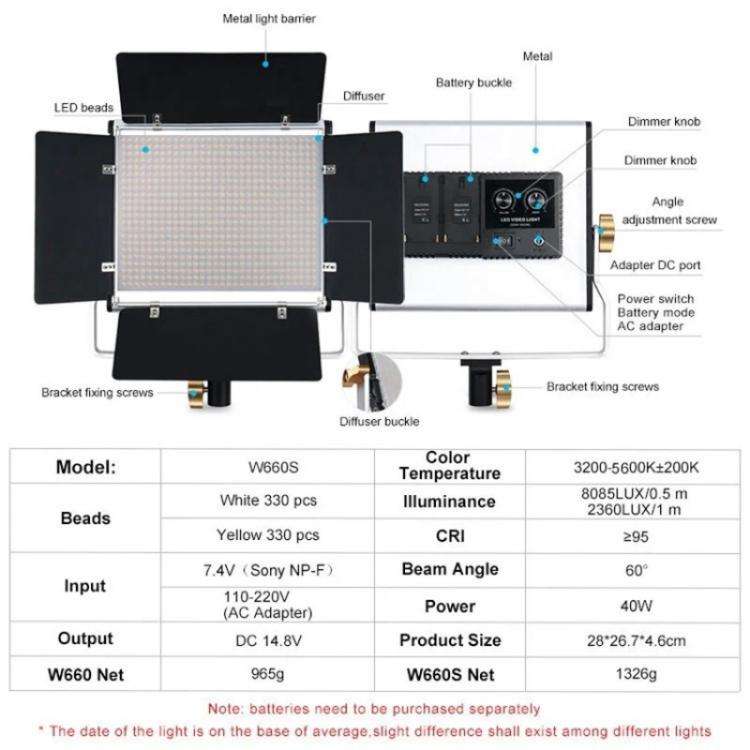 VLOGLITE W660S For Video Film Recording 3200-5600K Lighting LED Video Light with Tripod, Plug:EU ...