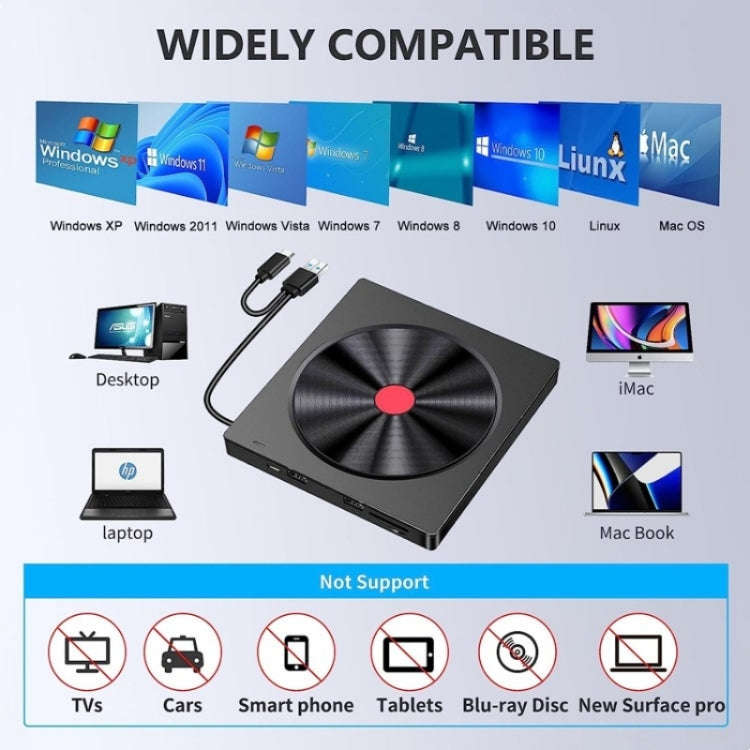 052 USB + Type-C DVD Burner Readable SD / TF Card DVD-RW Recorder PC External Optical Drive