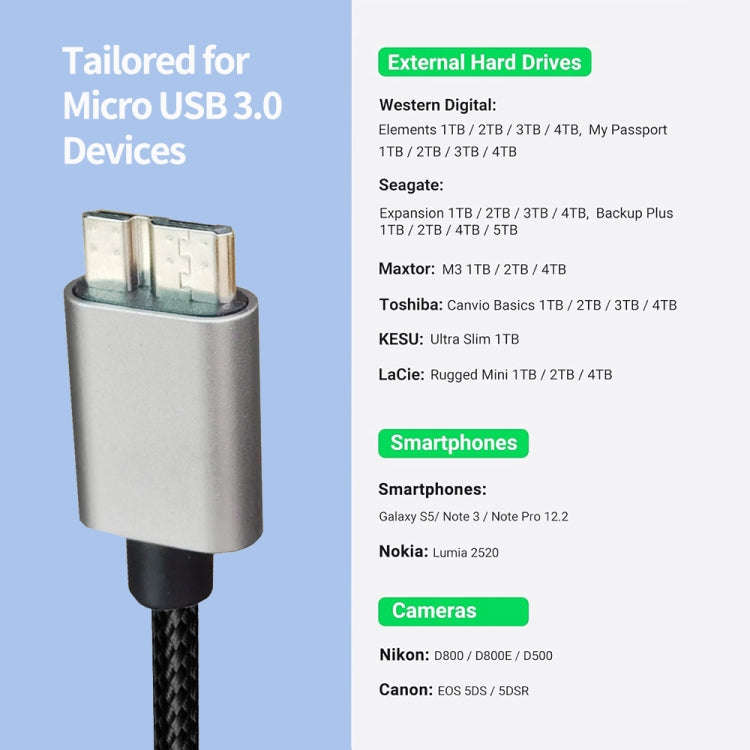 JUNSUNMAY USB 3.0 Male to Micro-B Cord Cable Compatible with Samsung Camera Hard Drive, Length:3m