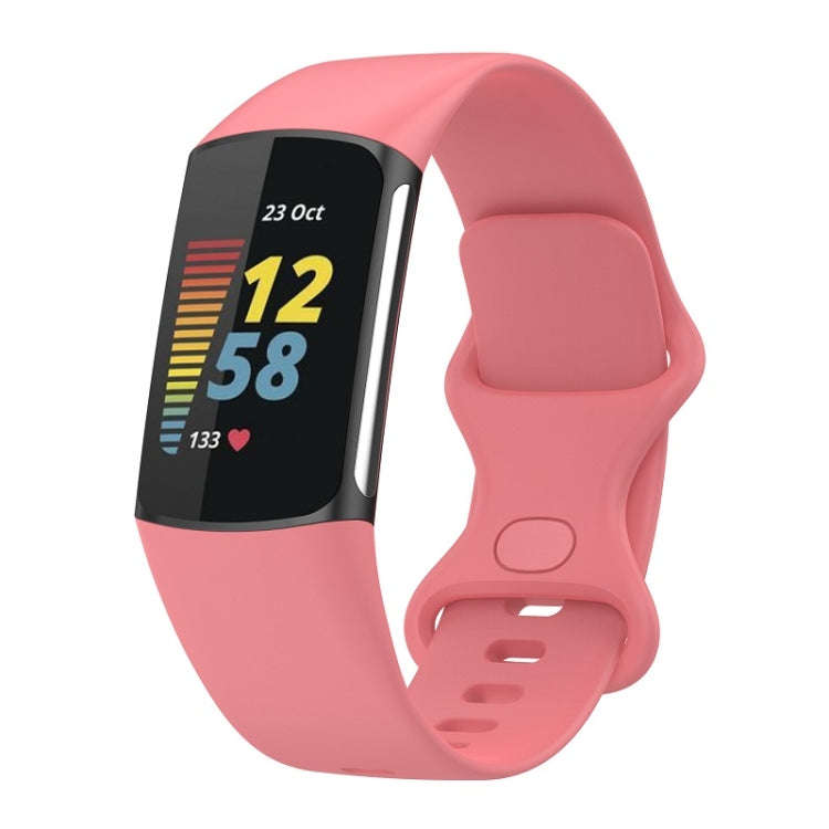 For Fitbit Charge 6 Solid Color Butterfly Buckle Silicone Watch Band, Size:L Size(Pink)