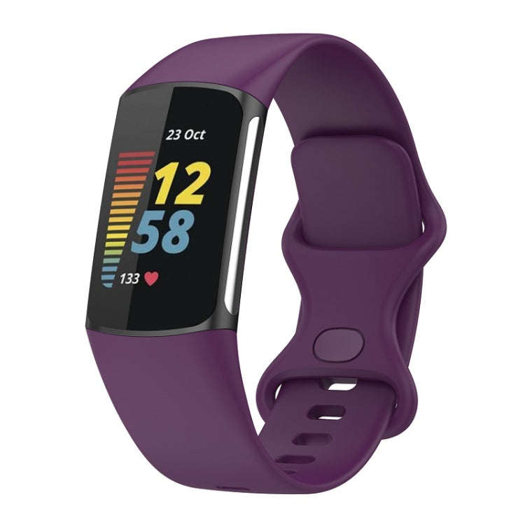 For Fitbit Charge 6 Solid Color Butterfly Buckle Silicone Watch Band, Size:L Size(Dark Purple)