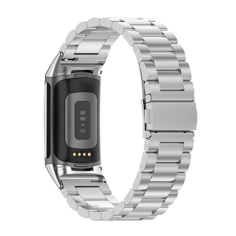 For Fitbit Charge 6 Three Beads Stainless Steel Metal Watch Band(Silver)