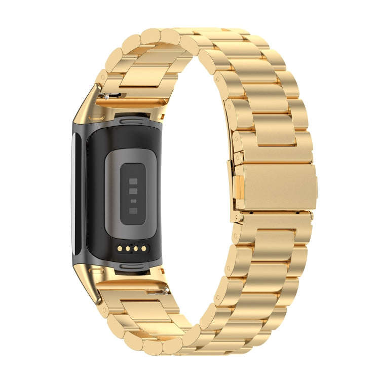 For Fitbit Charge 6 Three Beads Stainless Steel Metal Watch Band(Gold)