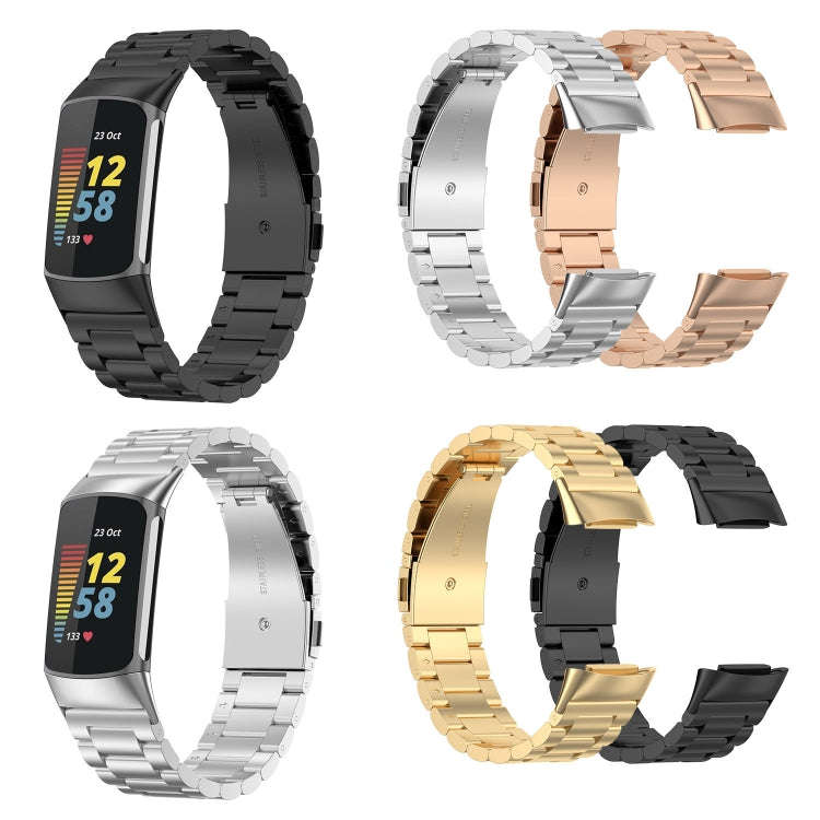 For Fitbit Charge 6 Three Beads Stainless Steel Metal Watch Band(Silver)