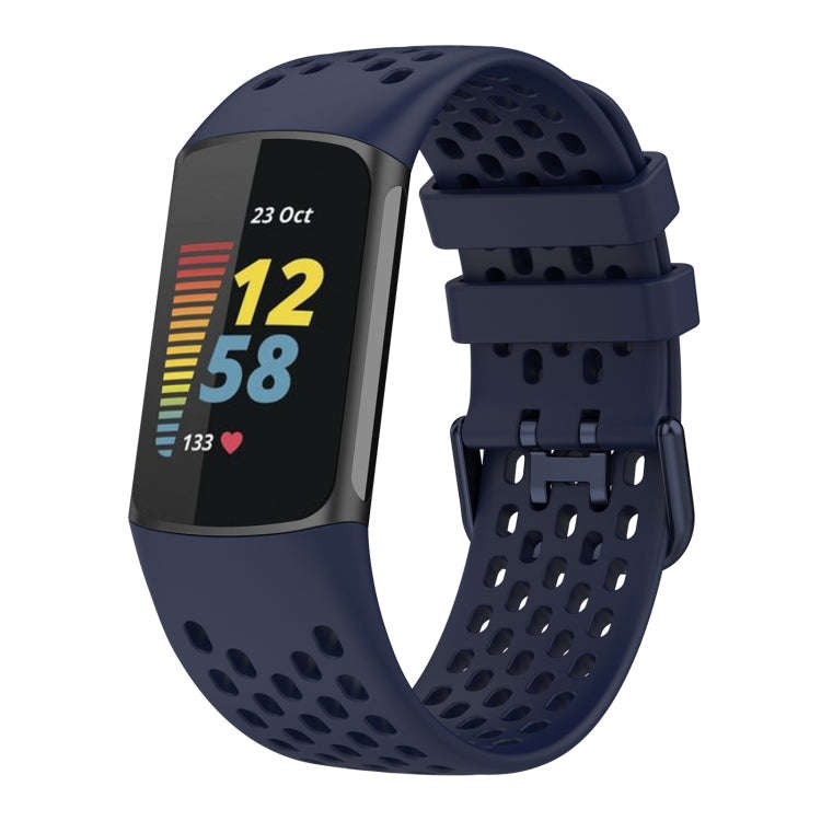 For Fitbit Charge 5 Solid Color Breathable Sports Silicone Watch Band(Dark Blue)