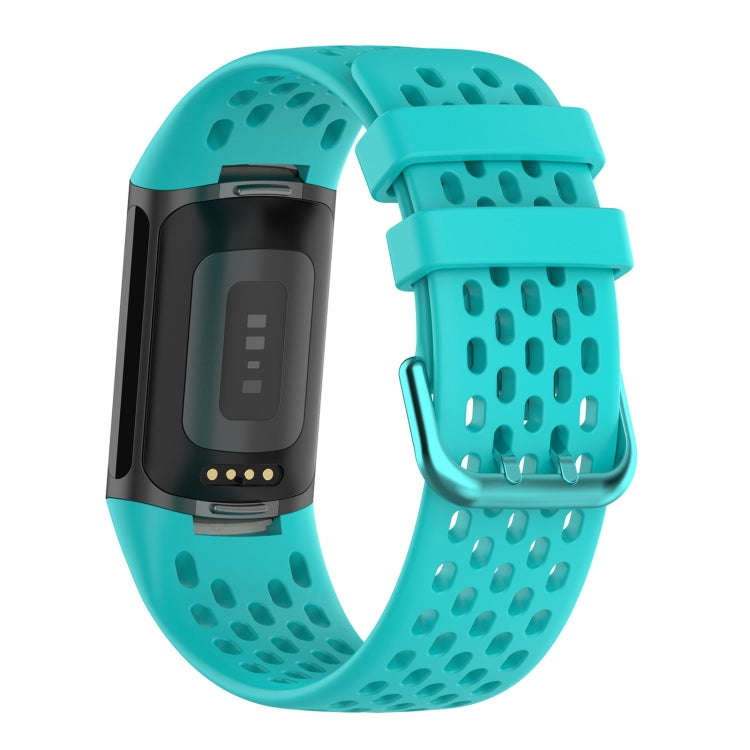 For Fitbit Charge 5 Solid Color Breathable Sports Silicone Watch Band(Teal Green)