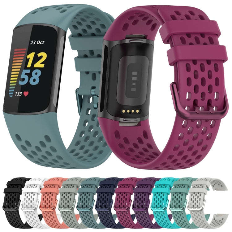 For Fitbit Charge 5 Solid Color Breathable Sports Silicone Watch Band(Dark Blue)