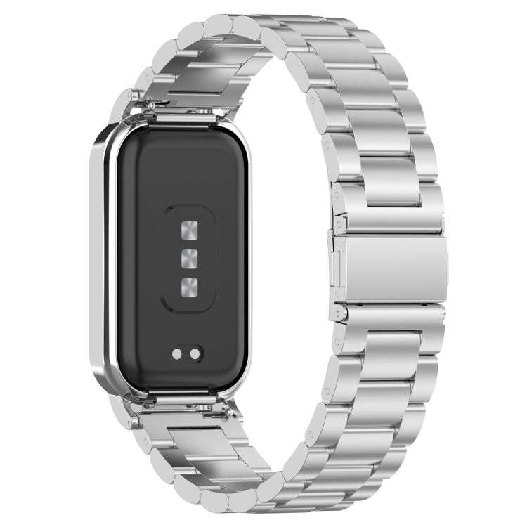 For Xiaomi Smart Band 8 Active Three Bead Stainless Steel Watch Band + Watch Metal Frame(Silver)