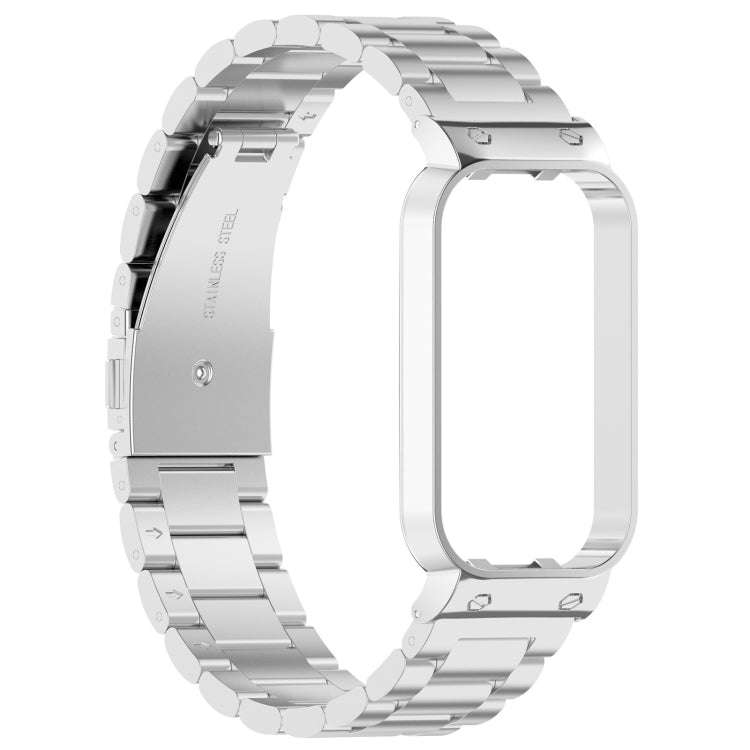 For Xiaomi Smart Band 8 Active Three Bead Stainless Steel Watch Band + Watch Metal Frame(Silver)