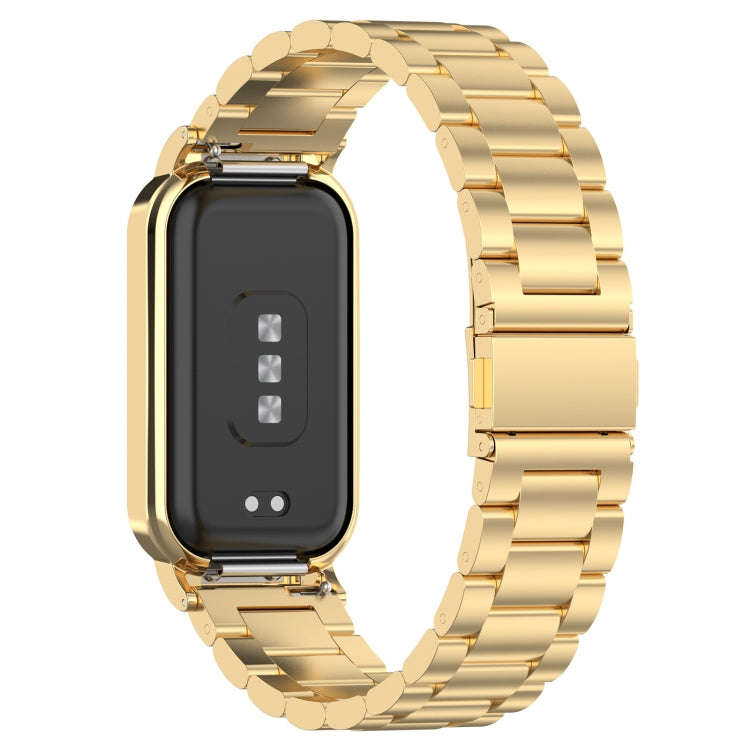 For Xiaomi Smart Band 8 Active Three Bead Stainless Steel Watch Band + Watch Metal Frame(Gold)