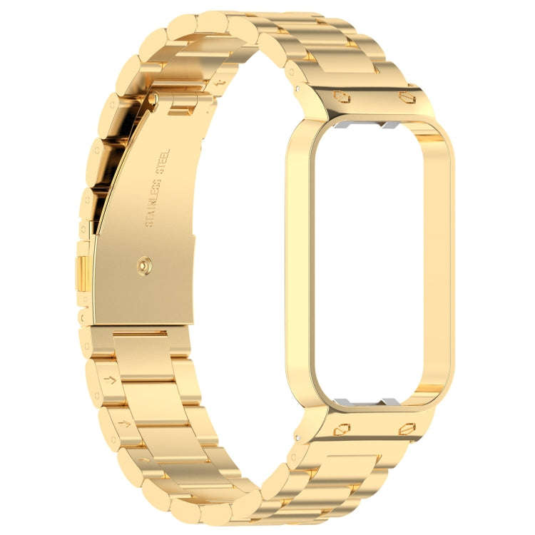 For Xiaomi Smart Band 8 Active Three Bead Stainless Steel Watch Band + Watch Metal Frame(Gold)