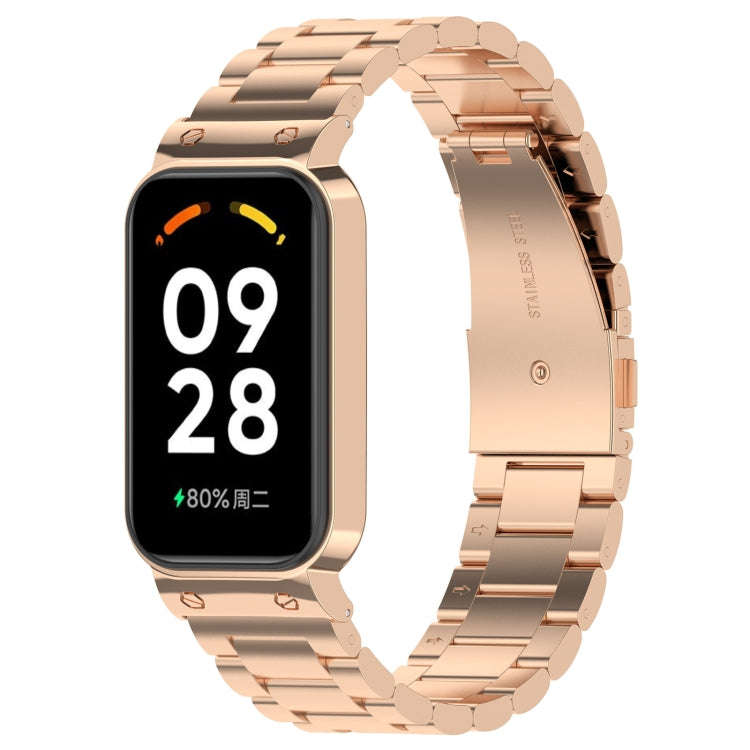 For Xiaomi Smart Band 8 Active Three Bead Stainless Steel Watch Band + Watch Metal Frame(Rose Gold)