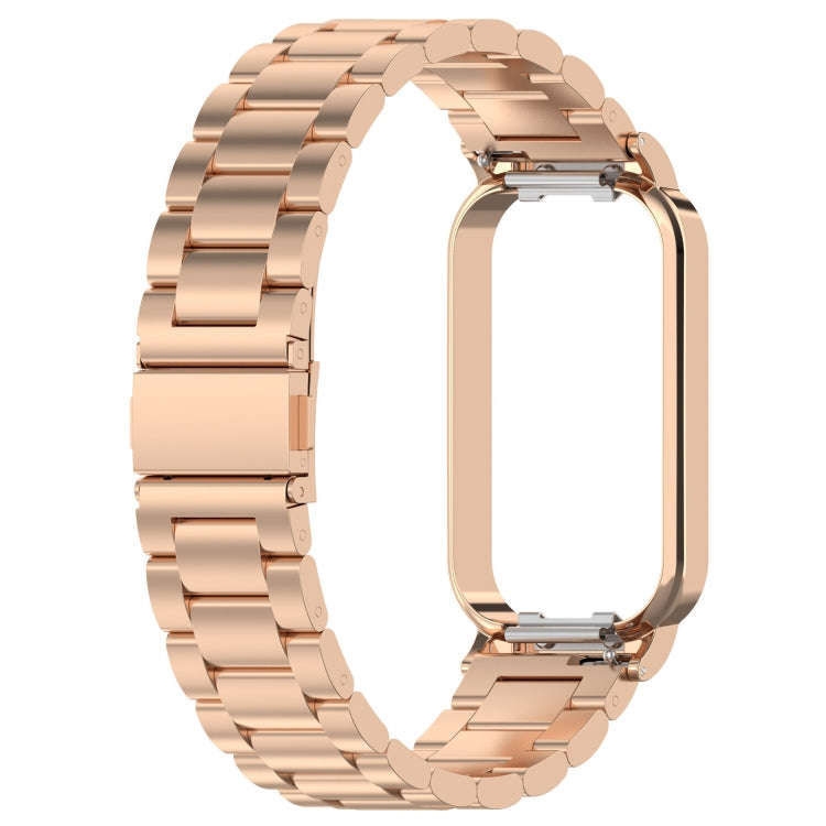 For Xiaomi Smart Band 8 Active Three Bead Stainless Steel Watch Band + Watch Metal Frame(Rose Gold)