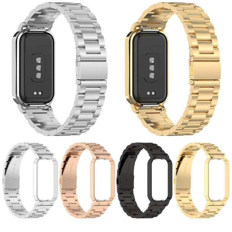 For Xiaomi Smart Band 8 Active Three Bead Stainless Steel Watch Band + Watch Metal Frame(Gold)
